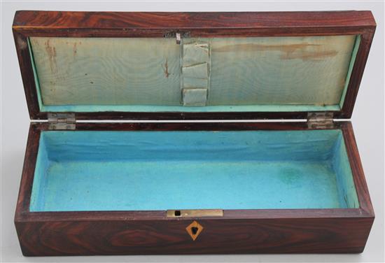 A Tunbridge Ware kingwood bird mosaic and half square mosaic glove box, 9.5in.